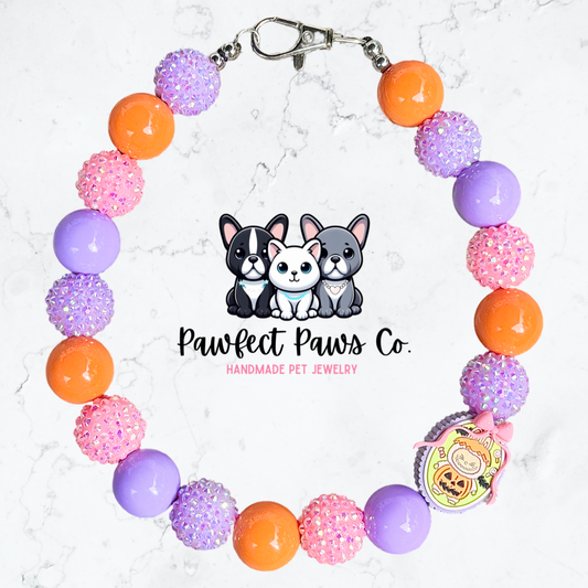 Spooky Labubu* Orange, Pink & Purple Sparkle Labubu Halloween Custom Beaded Dog/Cat Necklace! Choose from 3 styles!