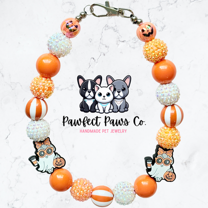 Basic Ghouly* Orange & White Sparkle Ghost Custom Beaded Dog/Cat Necklace!