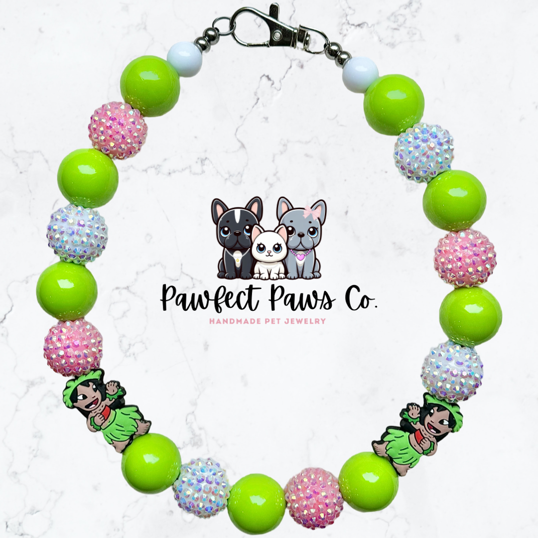 Lilo Love* Hawaiian Lilo Green, Pink & White Sparkle Custom Beaded Dog/Cat Collar Necklace!