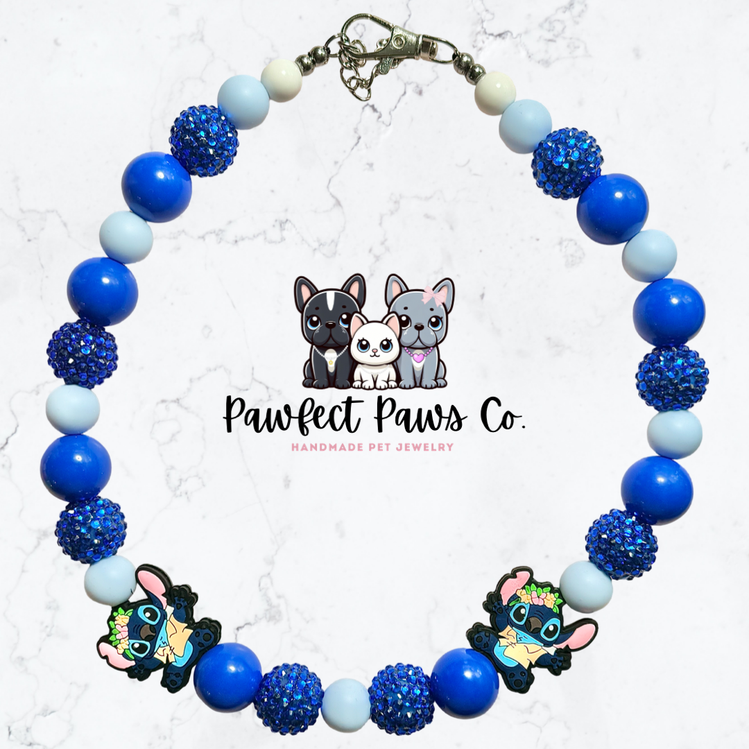 ¡Collar para perro o gato con cuentas personalizadas y puntada hawaiana Stich in Paradise* con brillo azul!