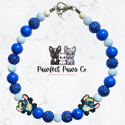 Stich in Paradise* Hawaiian Stitch Blue Sparkle Custom Beaded Dog/Cat Collar Necklace!