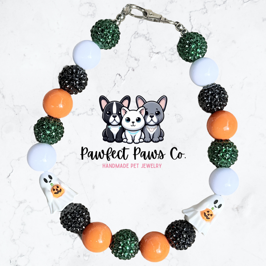 Boos & Treats* White, Orange, Green & Black Sparkle Ghost Halloween Custom Beaded Dog/Cat Necklace!