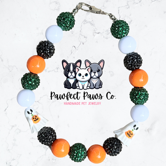 Boos & Treats* White, Orange, Green & Black Sparkle Ghost Halloween Custom Beaded Dog/Cat Necklace!