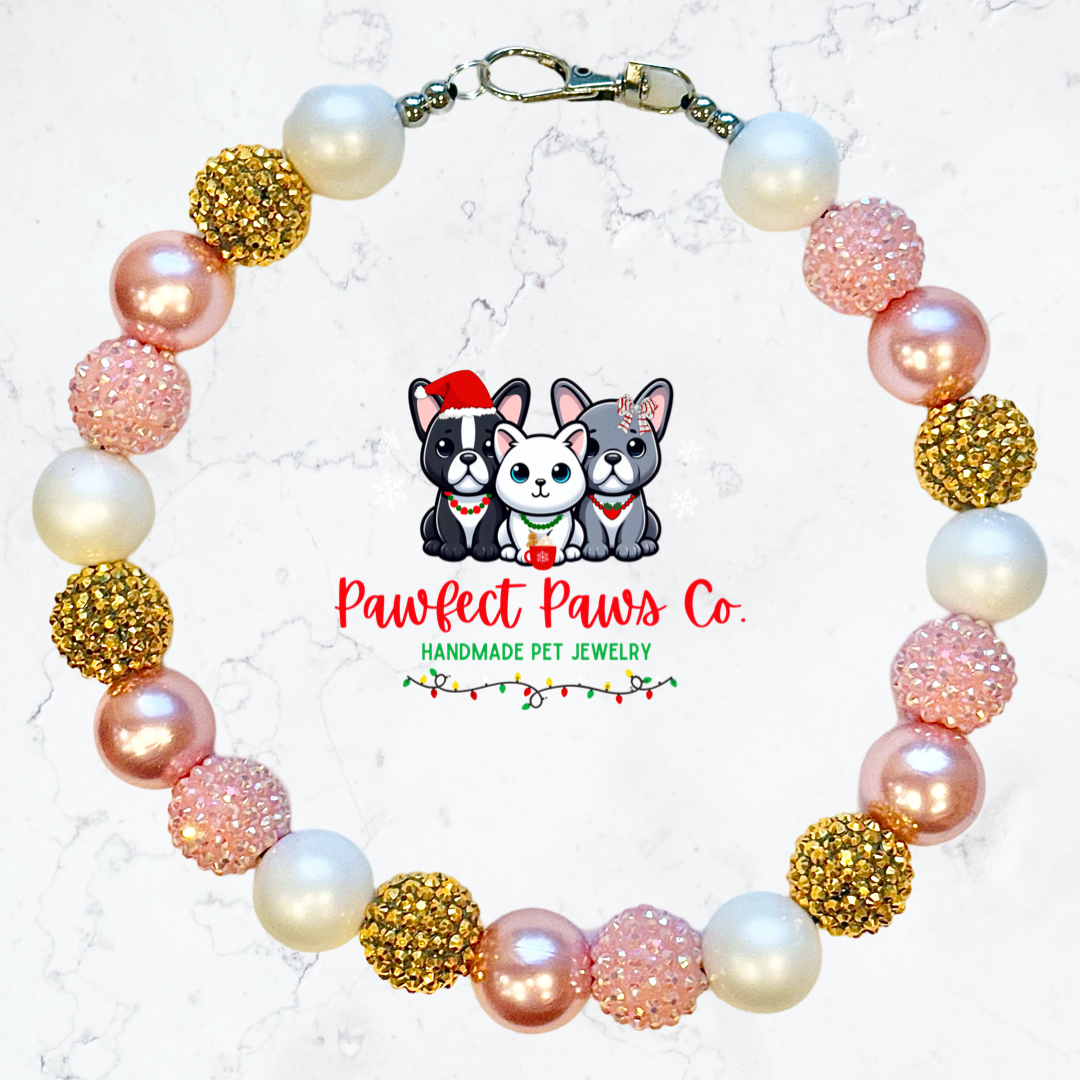 Rosé* White, Gold & Pink Sparkle New Years Eve Custom Beaded Dog/Cat Necklace!