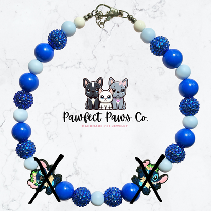 Stich in Paradise* Hawaiian Stitch Blue Sparkle Custom Beaded Dog/Cat Collar Necklace!