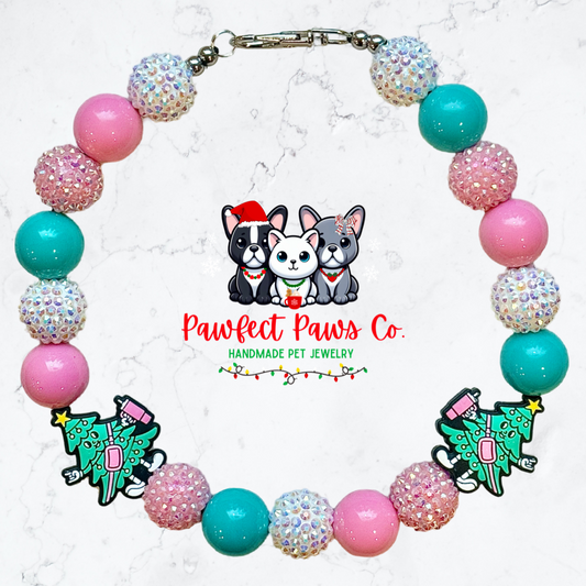 Holiday Sips* Teal, Pink & White Sparkle Christmas Tree Stanley Custom Beaded Dog/Cat Necklace