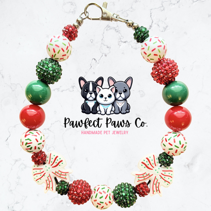Coquette Cakes* Red, White & Green Sparkle Christmas Bow Custom Beaded Dog/Cat Necklace!