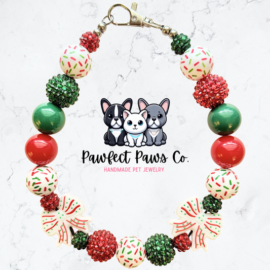 Coquette Cakes* Red, White & Green Sparkle Christmas Bow Custom Beaded Dog/Cat Necklace!