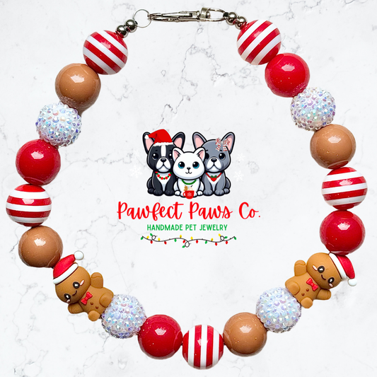 Gingerbread Joy* Red, Brown & White Sparkle Gingerbread Custom Beaded Dog/Cat Necklac