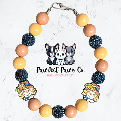 Cornfield Cutie* Tan & Navy Sparkle Scarecrow Custom Beaded Dog/Cat Necklace!