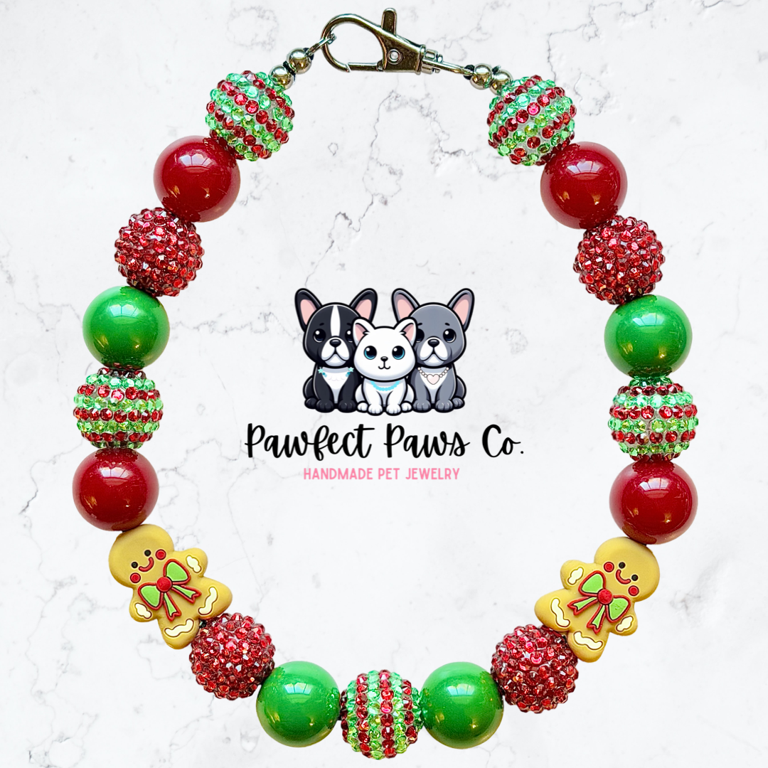 Gingerpaws Lane* Red & Green Sparkle Gingerbread Custom Beaded Dog/Cat Necklace!
