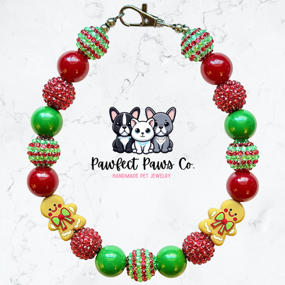Gingerpaws Lane* Red & Green Sparkle Gingerbread Custom Beaded Dog/Cat Necklace!