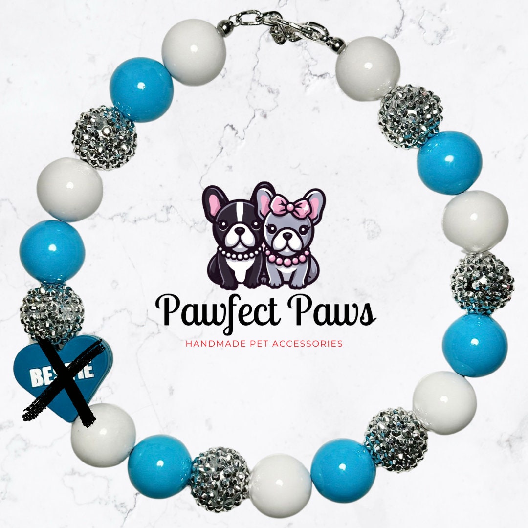 Bestie Boo* Blue & White Silver Sparkle Valentine's Day Custom Beaded Dog/Cat Collar Necklace!