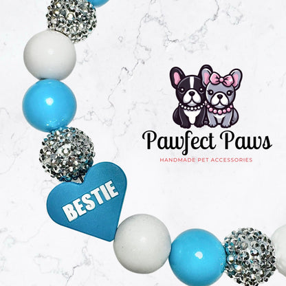 Bestie Boo* Blue & White Silver Sparkle Valentine's Day Custom Beaded Dog/Cat Collar Necklace!