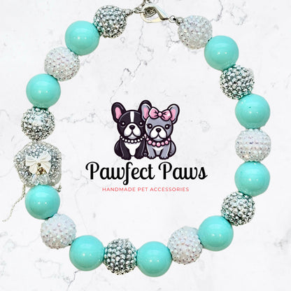 Sniffany & Co* Teal with White and Silver Luxury Sparkle Valentine's Day Bow Custom Beaded Dog/Cat Collar Necklace!