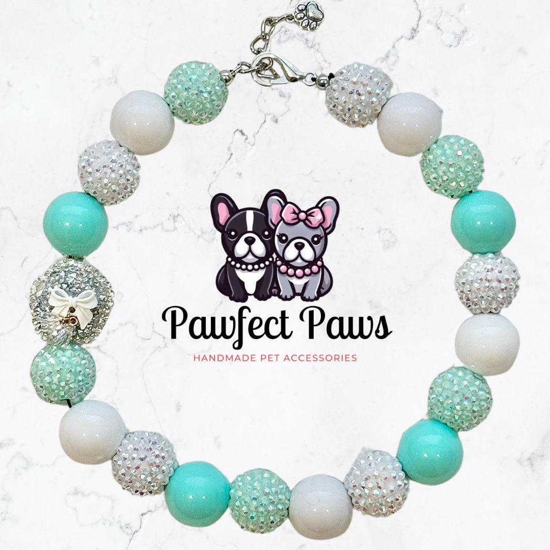 Sniffany & Co* Teal with White and Silver Luxury Sparkle Valentine's Day Bow Custom Beaded Dog/Cat Collar Necklace!