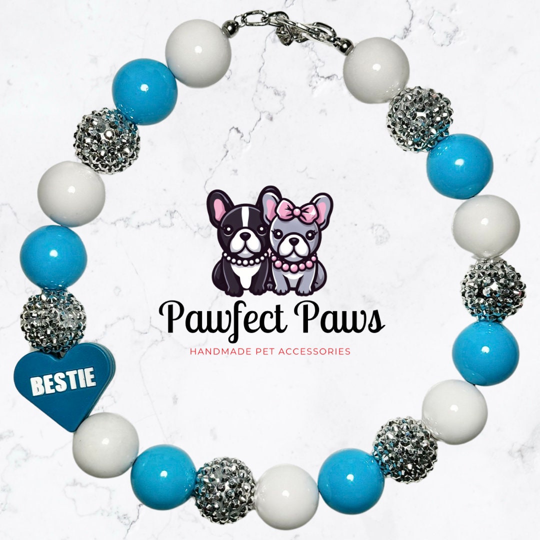 Bestie Boo* Blue & White Silver Sparkle Valentine's Day Custom Beaded Dog/Cat Collar Necklace!