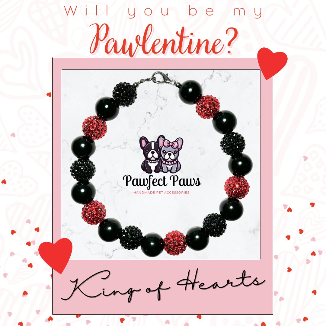 King/Queen of Hearts* Red & Black Sparkle Valentine's Custom Beaded Dog/Cat Collar Necklace!