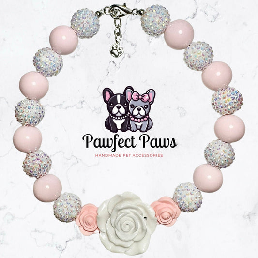 Pawfect Petals* Pink & White Rose Luxury Sparkle Custom Beaded Dog/Cat Collar Necklace!