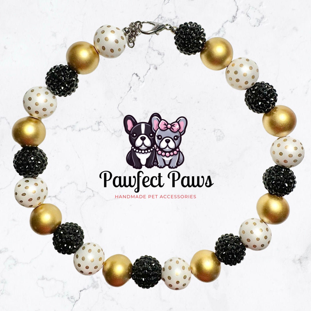 Pawty Time* Black, White & Gold Custom Beaded Dog/Cat Collar Necklace! Created for ThorandApollo_Frenchies Birthday Pawty!