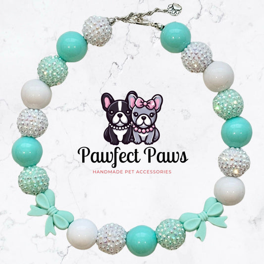 Breakfast at Sniffany&#39;s* Teal & White Luxury Sparkle Valentine&#39;s Day Bow Custom Beaded Dog/Cat Collar Necklace!