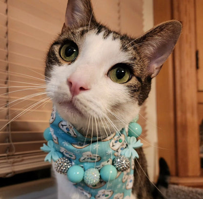 Breakfast at Sniffany&#39;s* Teal & White Luxury Sparkle Valentine&#39;s Day Bow Custom Beaded Dog/Cat Collar Necklace!