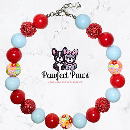 Wild Flower* Red & Blue Luxury Bead Daisy Flower Spring/Easter Custom Beaded Dog/Cat Collar Necklace!