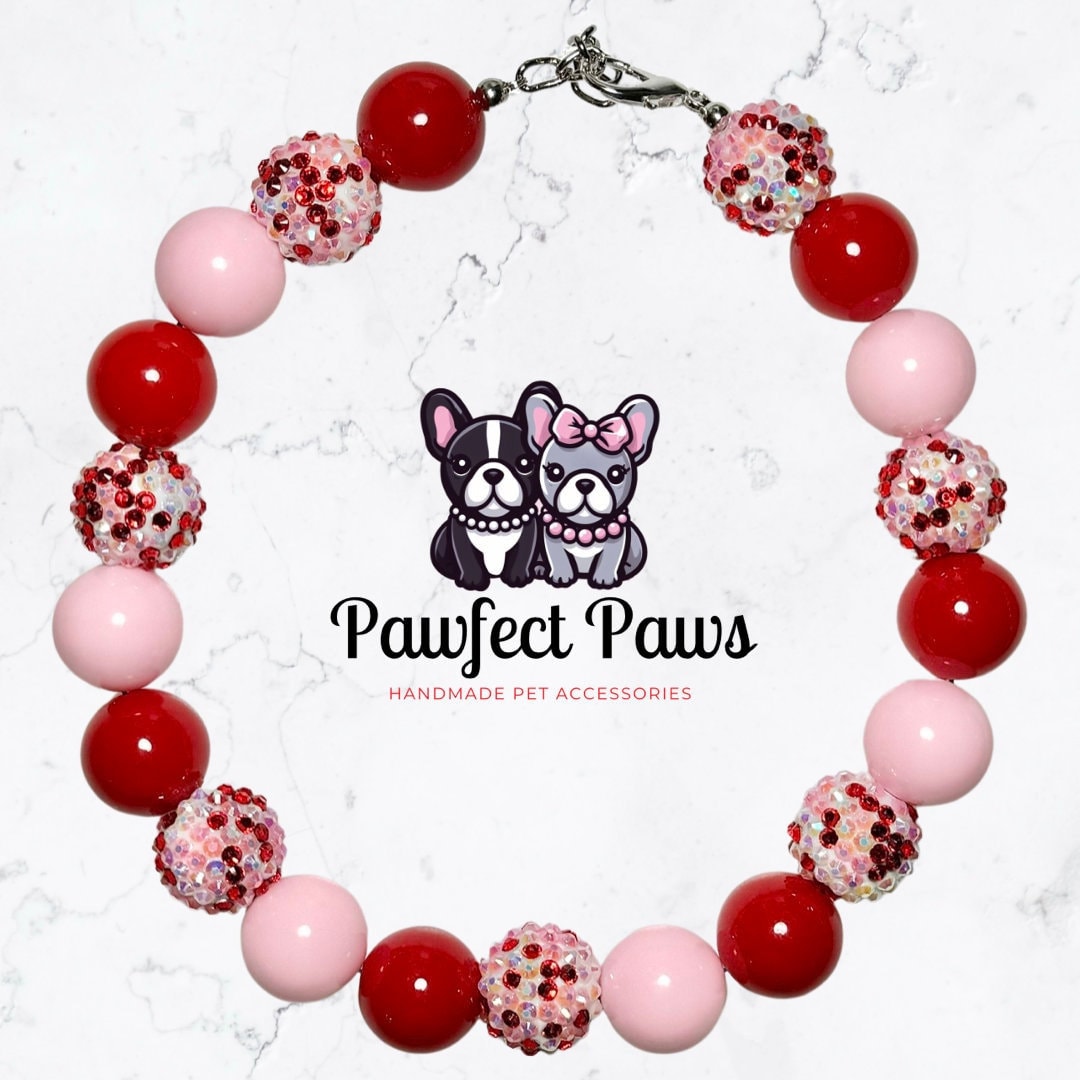 Hugs & Kisses* Pink and Red Sparkle Valentine&#39;s Custom Beaded Dog/Cat Collar Necklace!