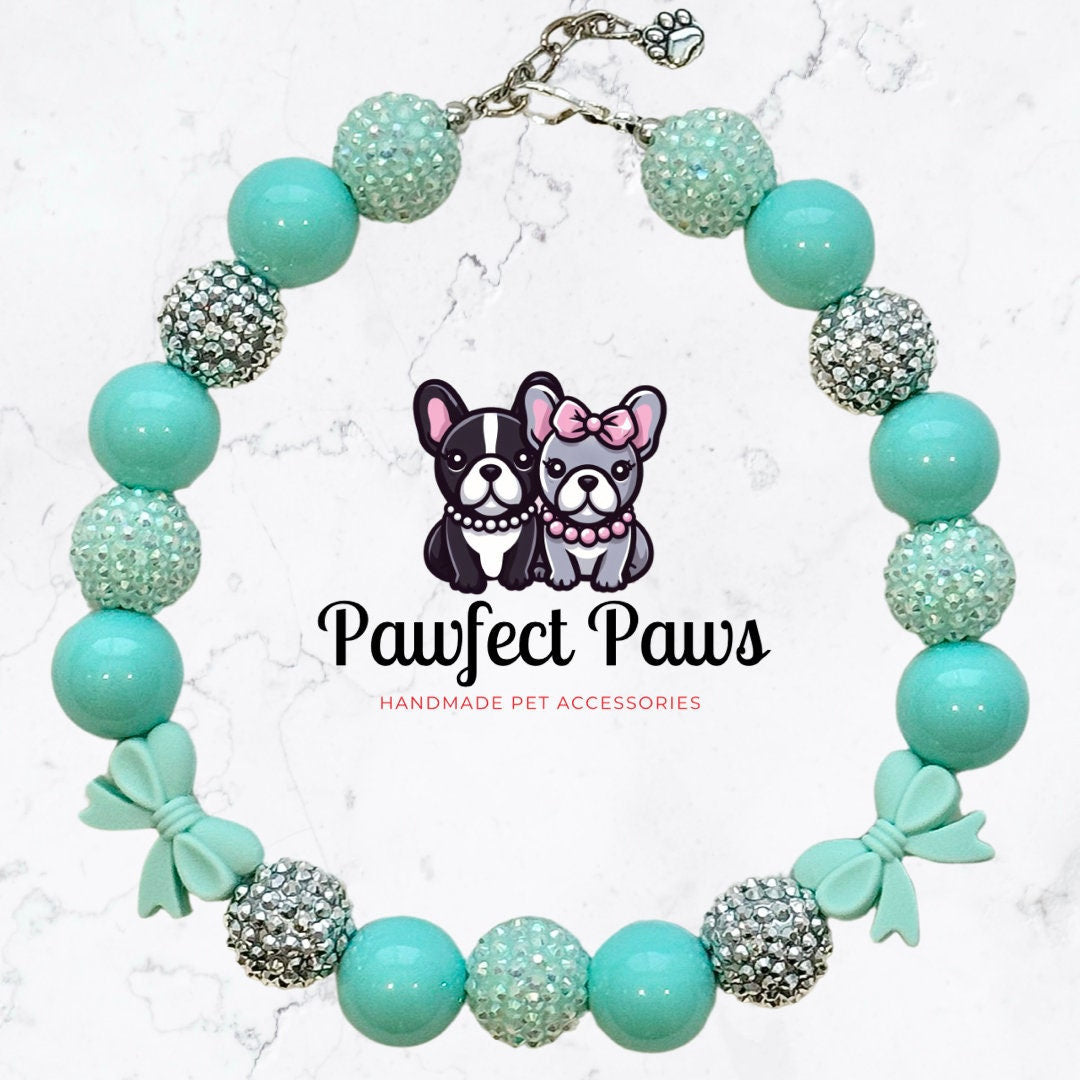 Breakfast at Sniffany&#39;s* Teal & White Luxury Sparkle Valentine&#39;s Day Bow Custom Beaded Dog/Cat Collar Necklace!