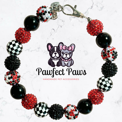 Harlequeen Dazzle* Red & Black Harlequin Sparkle Custom Beaded Dog/Cat Collar Necklace!