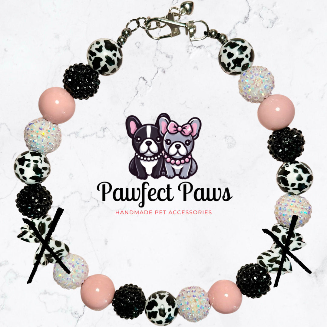 MOOvelous Pawty * Pink, Black & Cow Print with Bows Sparkle Custom Beaded Dog/Cat Collar Necklace! Created for Luna’s Birthday Pawty!