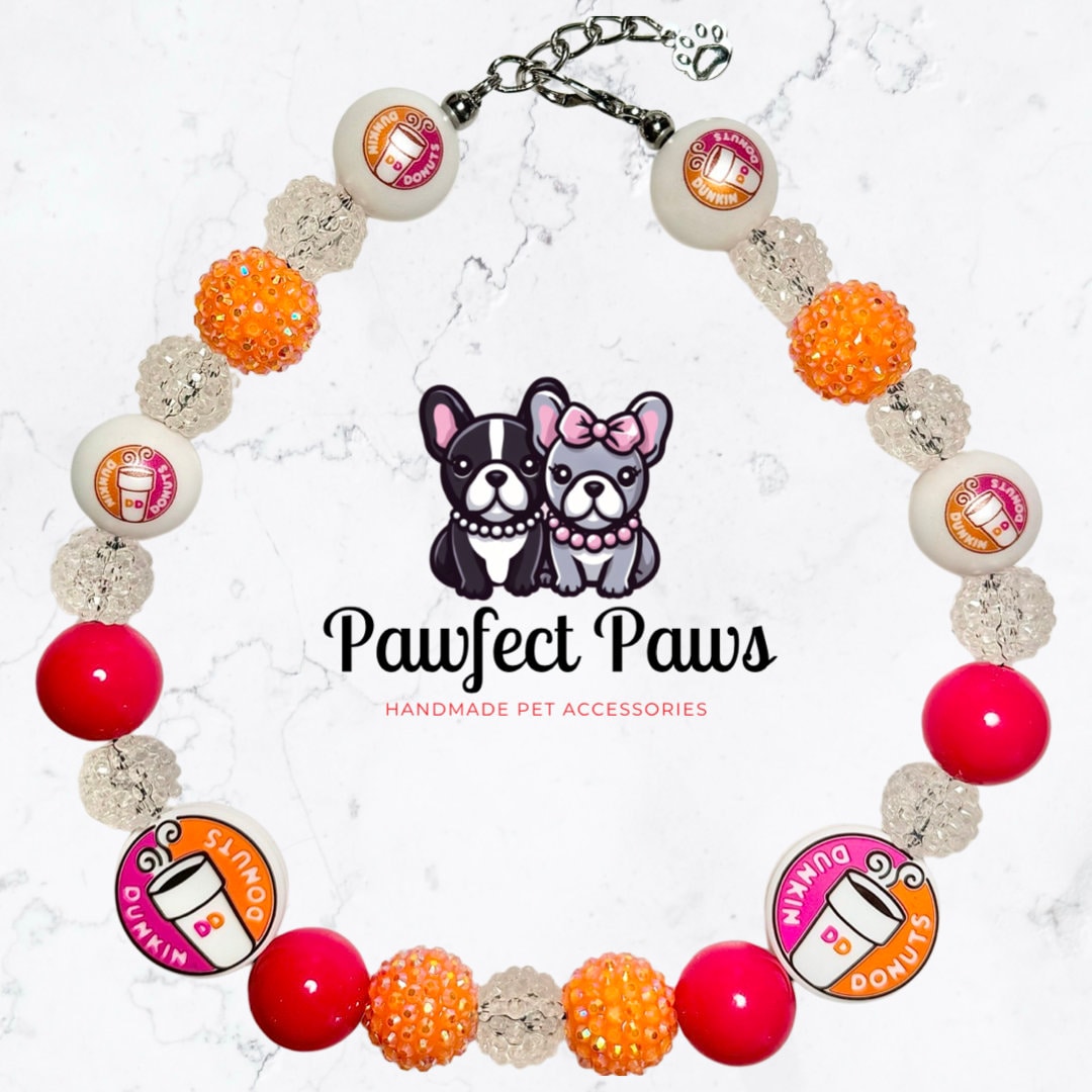 Dunkin Date* Hot Pink & Orange Sparkle Donut/Coffee Custom Beaded Dog/Cat Collar Necklace!