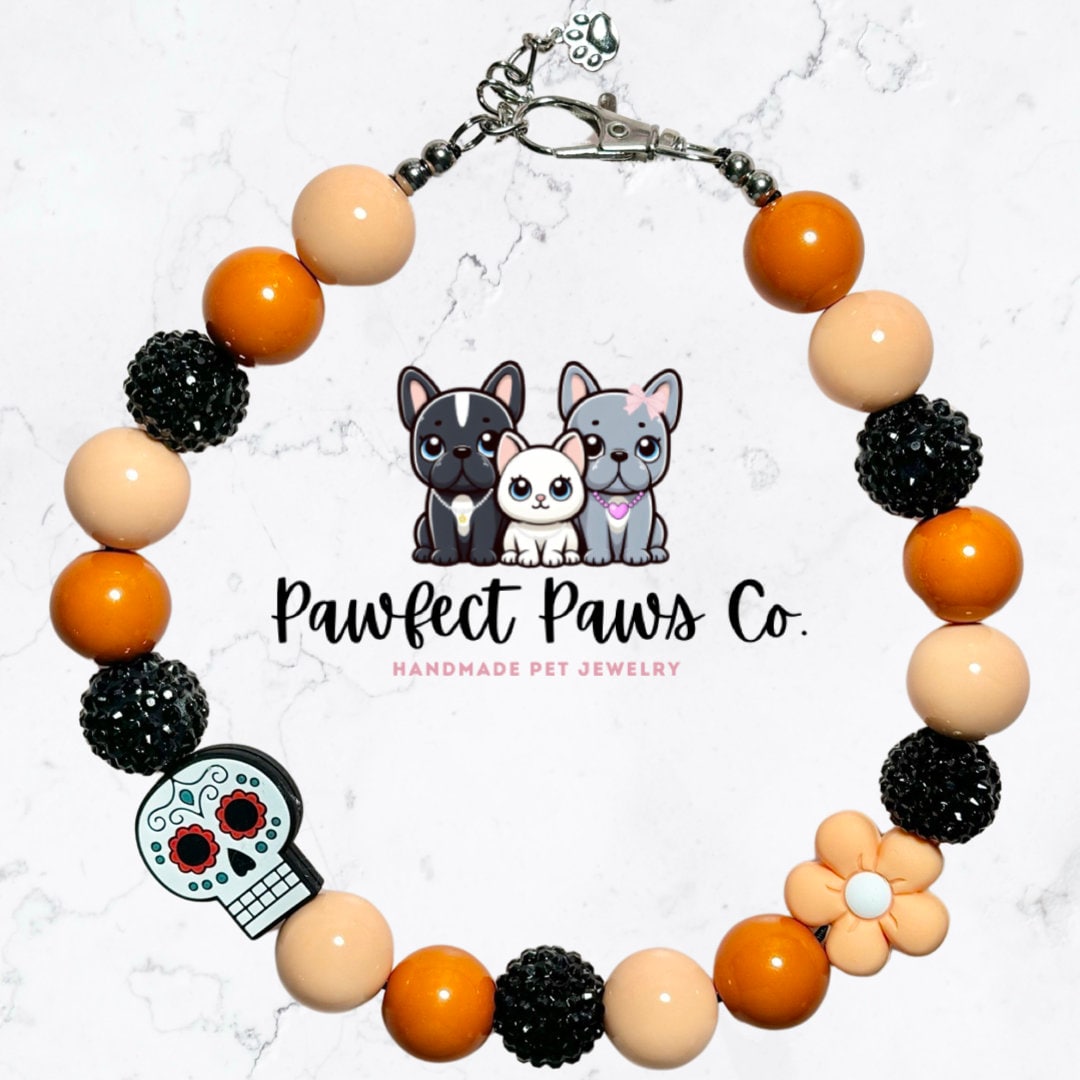 Bad 2 the Bone * Orange & Black Sparkle Custom Beaded Dog/Cat Collar Necklace! For Matilda’s Birthday Pawty!