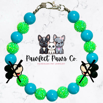 Mickey Pawty * Blue & Green Sparkle Custom Beaded Dog/Cat Collar Necklace! For Henny’s Birthday Pawty!