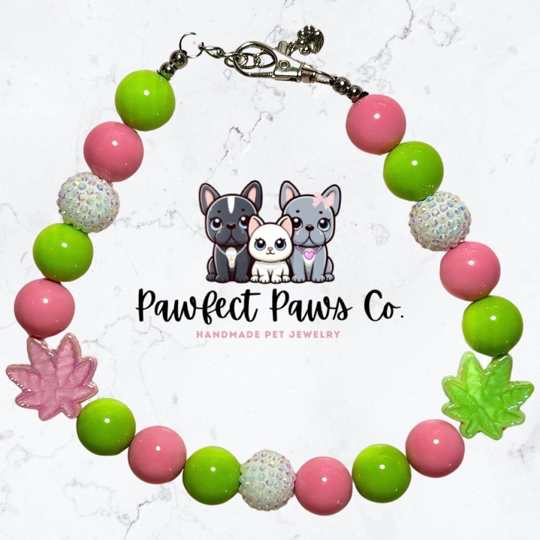 Peace and Paws* Pink & Green Sparkly Leaves 420 Earth Day Custom Beaded Dog/Cat Collar Necklace!