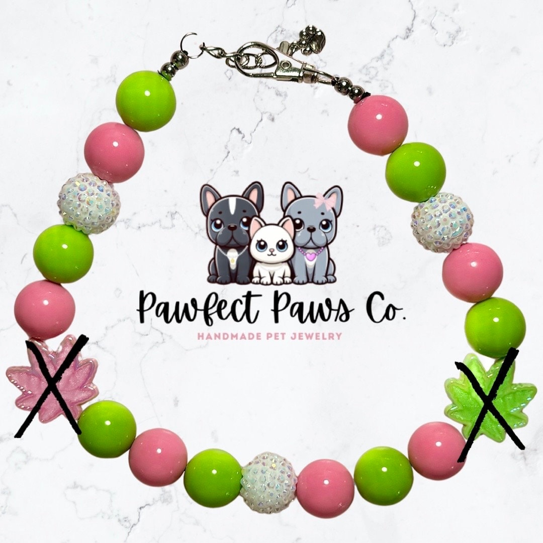 Peace and Paws* Pink & Green Sparkly Leaves 420 Earth Day Custom Beaded Dog/Cat Collar Necklace!