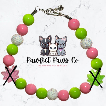 Peace and Paws* Pink & Green Sparkly Leaves 420 Earth Day Custom Beaded Dog/Cat Collar Necklace!