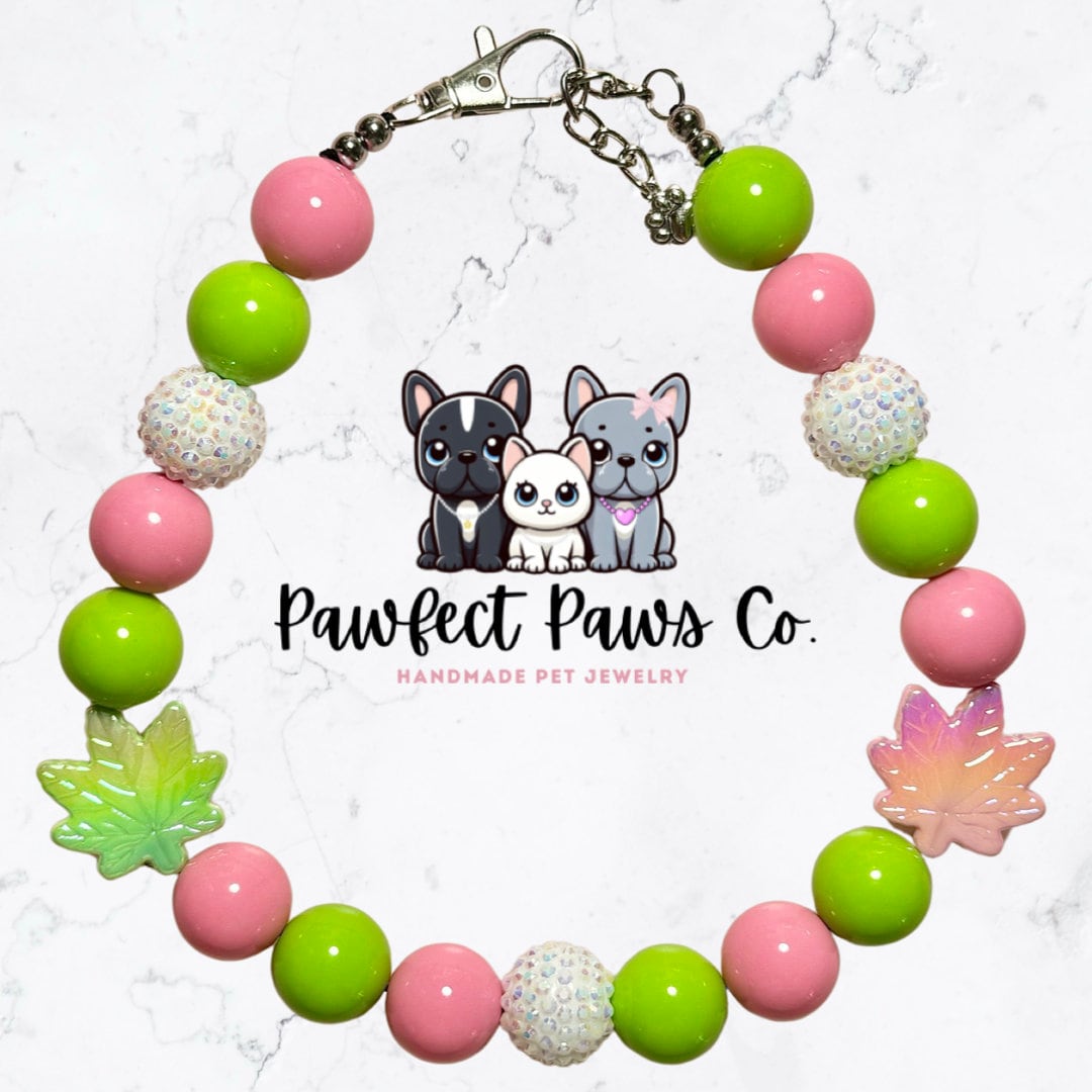 Peace and Paws* Pink & Green Sparkly Leaves 420 Earth Day Custom Beaded Dog/Cat Collar Necklace!