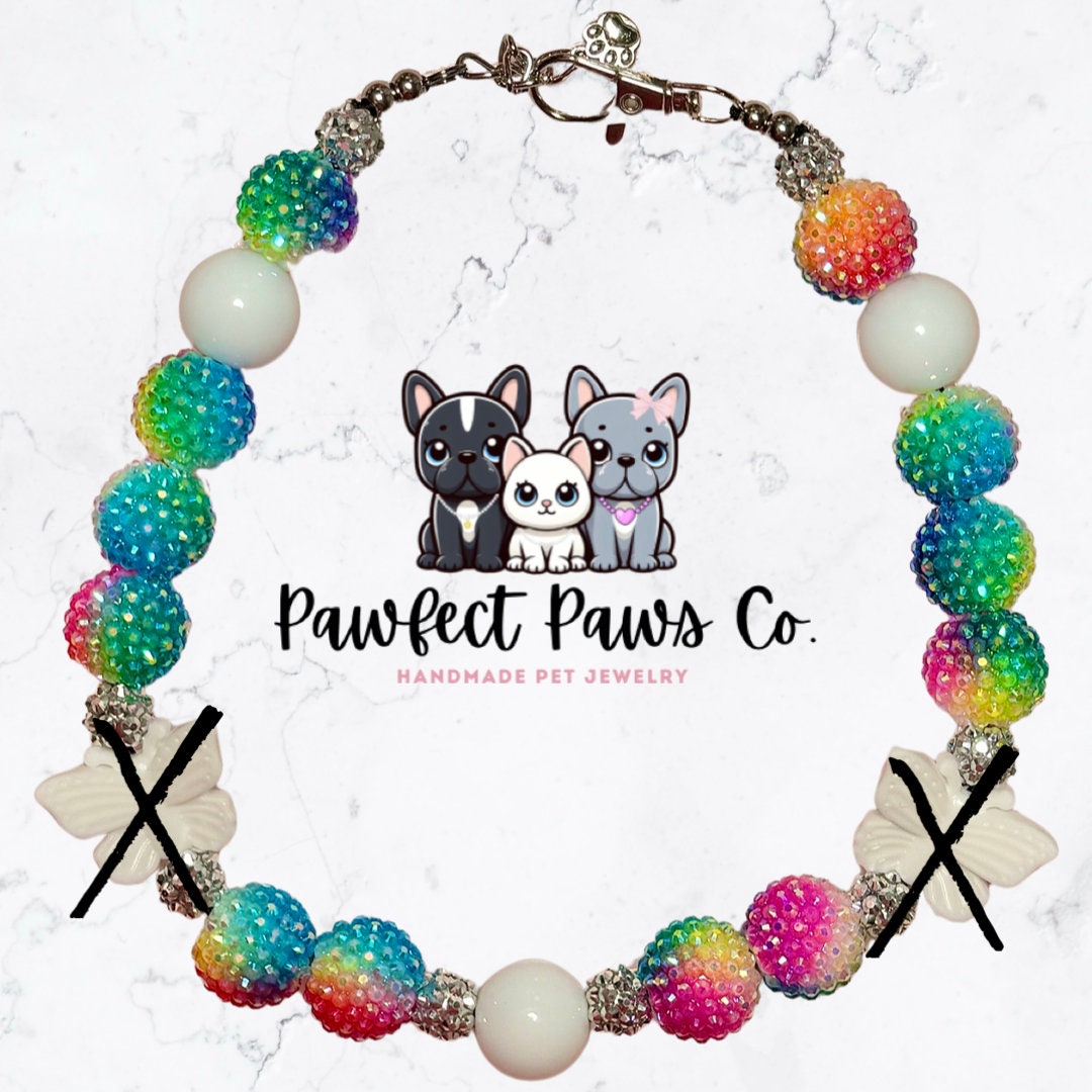 Rainbows and Butterflies* Rainbow & Silver Sparkle Springtime Custom Beaded Dog/Cat Collar Necklace!