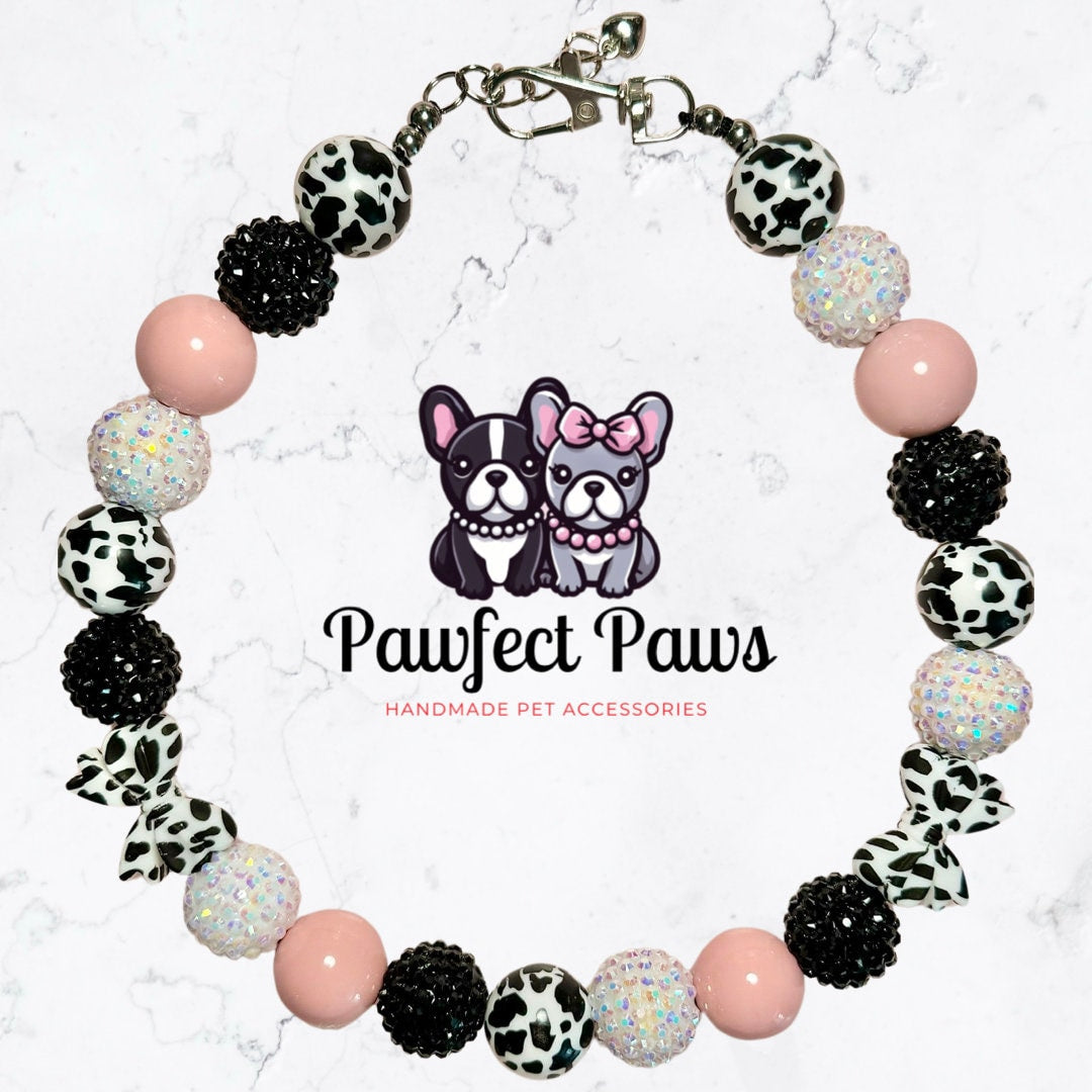 MOOvelous Pawty * Pink, Black & Cow Print with Bows Sparkle Custom Beaded Dog/Cat Collar Necklace! Created for Luna’s Birthday Pawty!