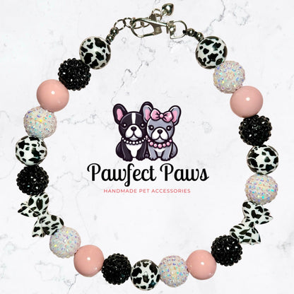 MOOvelous Pawty * Pink, Black & Cow Print with Bows Sparkle Custom Beaded Dog/Cat Collar Necklace! Created for Luna’s Birthday Pawty!