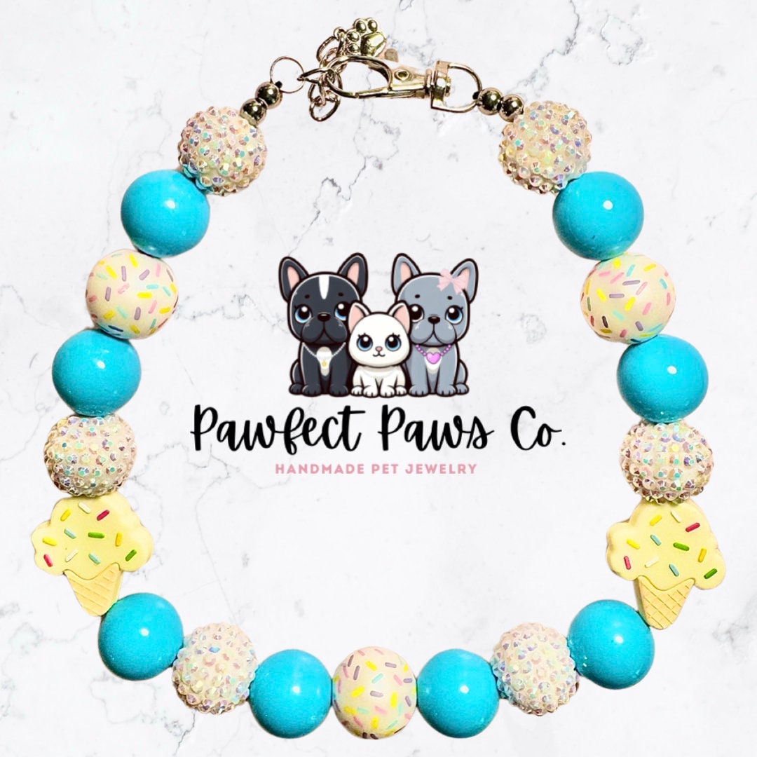 Icecream Pawty #1 * Blue, Yellow, White Sparkle Icecream Custom Beaded Dog/Cat Collar Necklace! Created for Bentley’s Birthday Pawty!