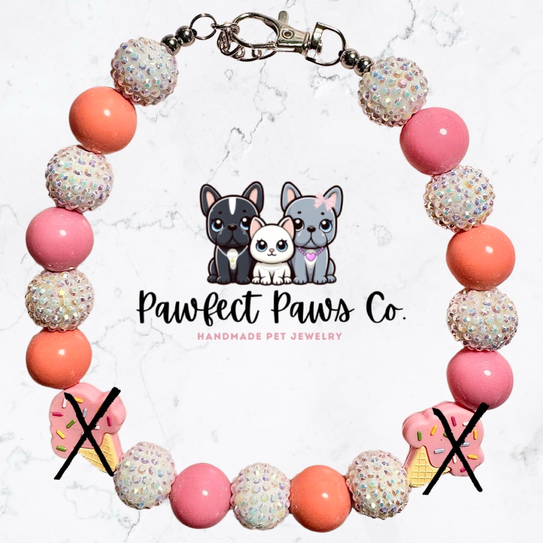 Icecream Pawty #2 * Pink, Orange, White Sparkle Icecream Custom Beaded Dog/Cat Collar Necklace! Created for Bentley’s Birthday Pawty!