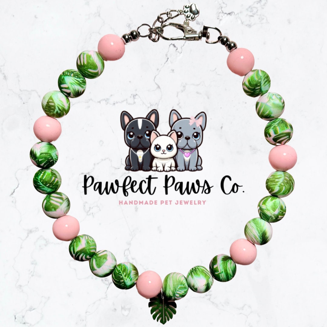 Paws & Fronds* Green and Pink Leaf Custom Beaded Dog/Cat Collar Necklace!