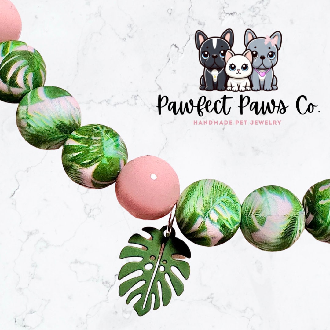 Paws & Fronds* Green and Pink Leaf Custom Beaded Dog/Cat Collar Necklace!