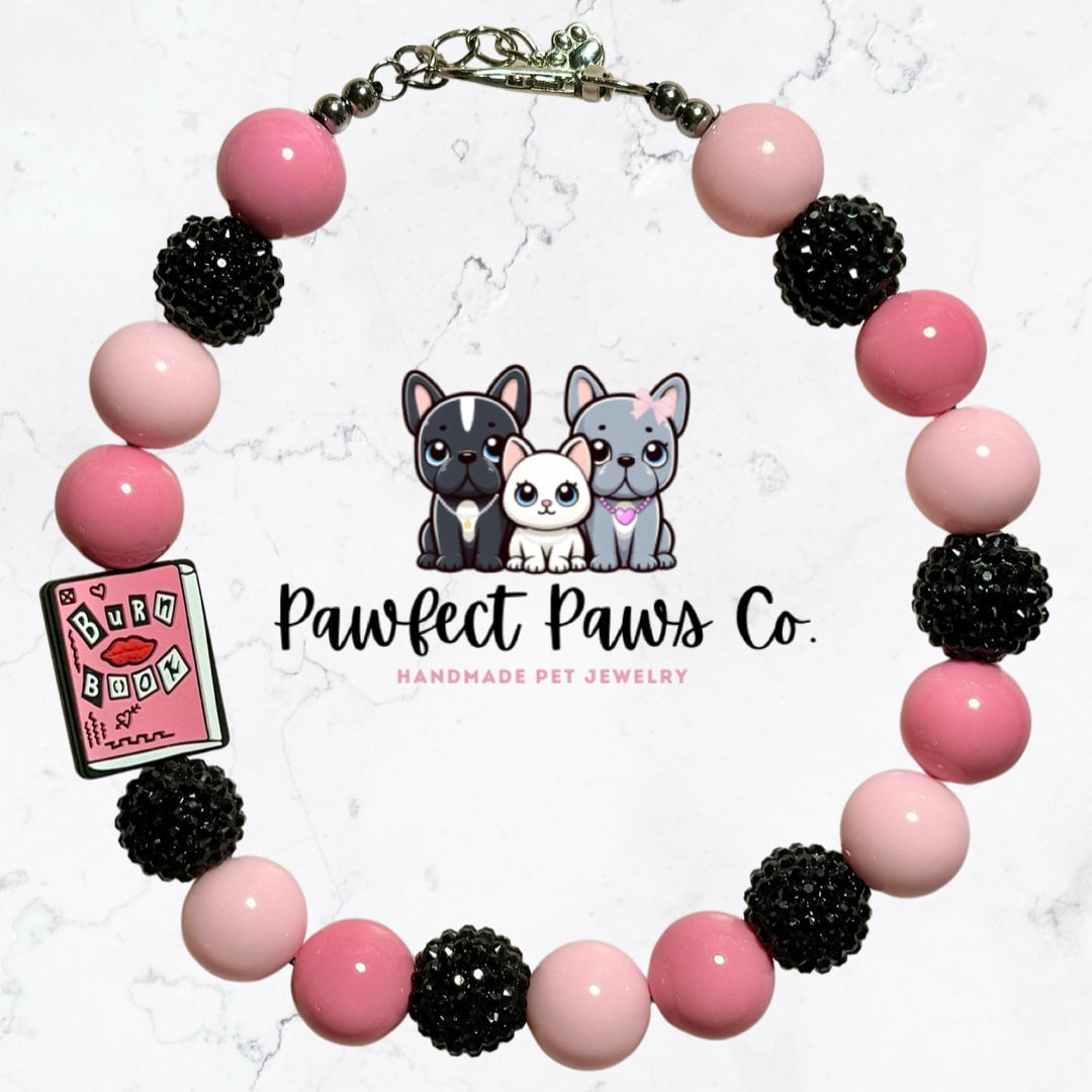 You Can Sit With Us * Pink & Black Sparkle Mean Girls Burn Book Custom Beaded Dog/Cat Collar Necklace!