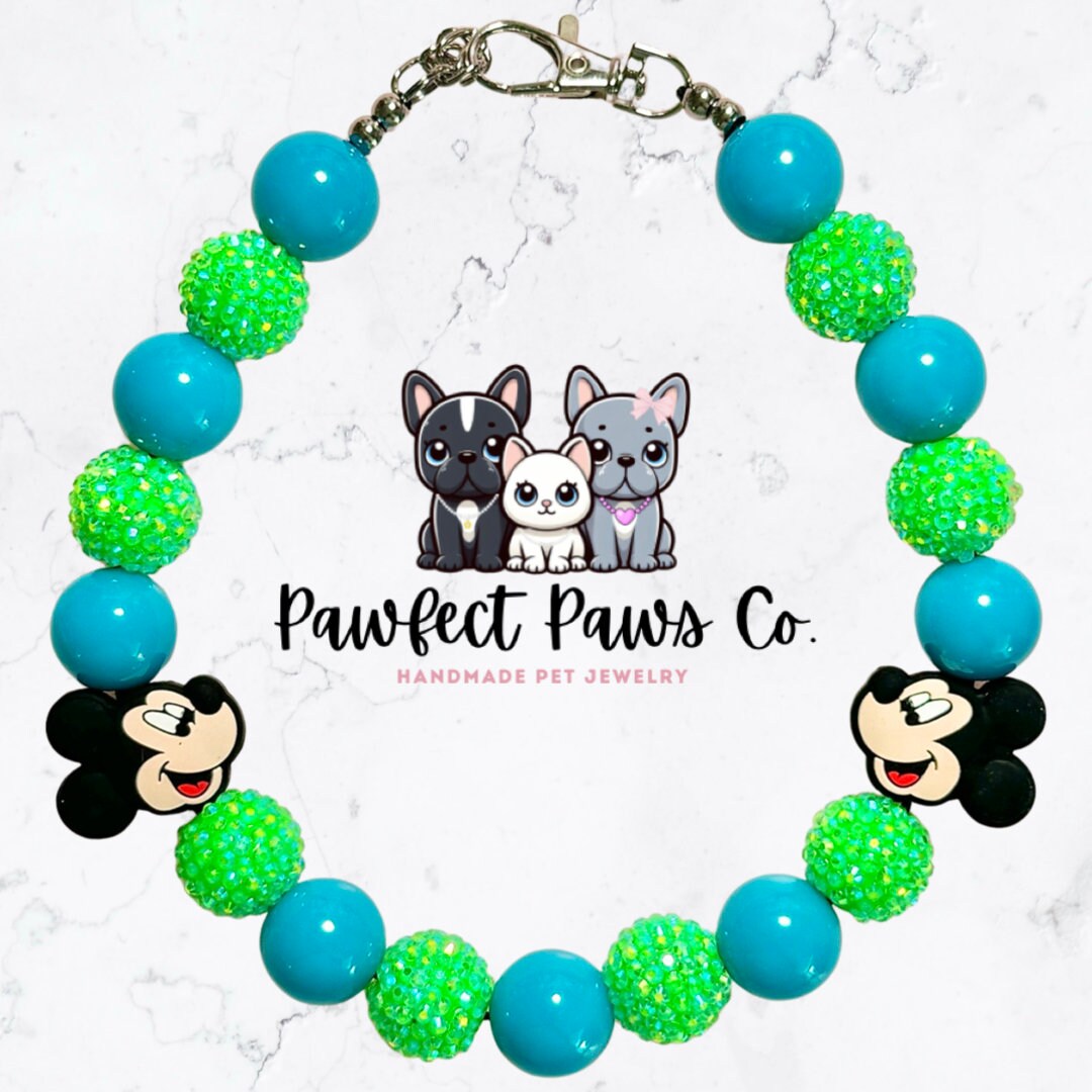 Mickey Pawty * Blue & Green Sparkle Custom Beaded Dog/Cat Collar Necklace! For Henny’s Birthday Pawty!