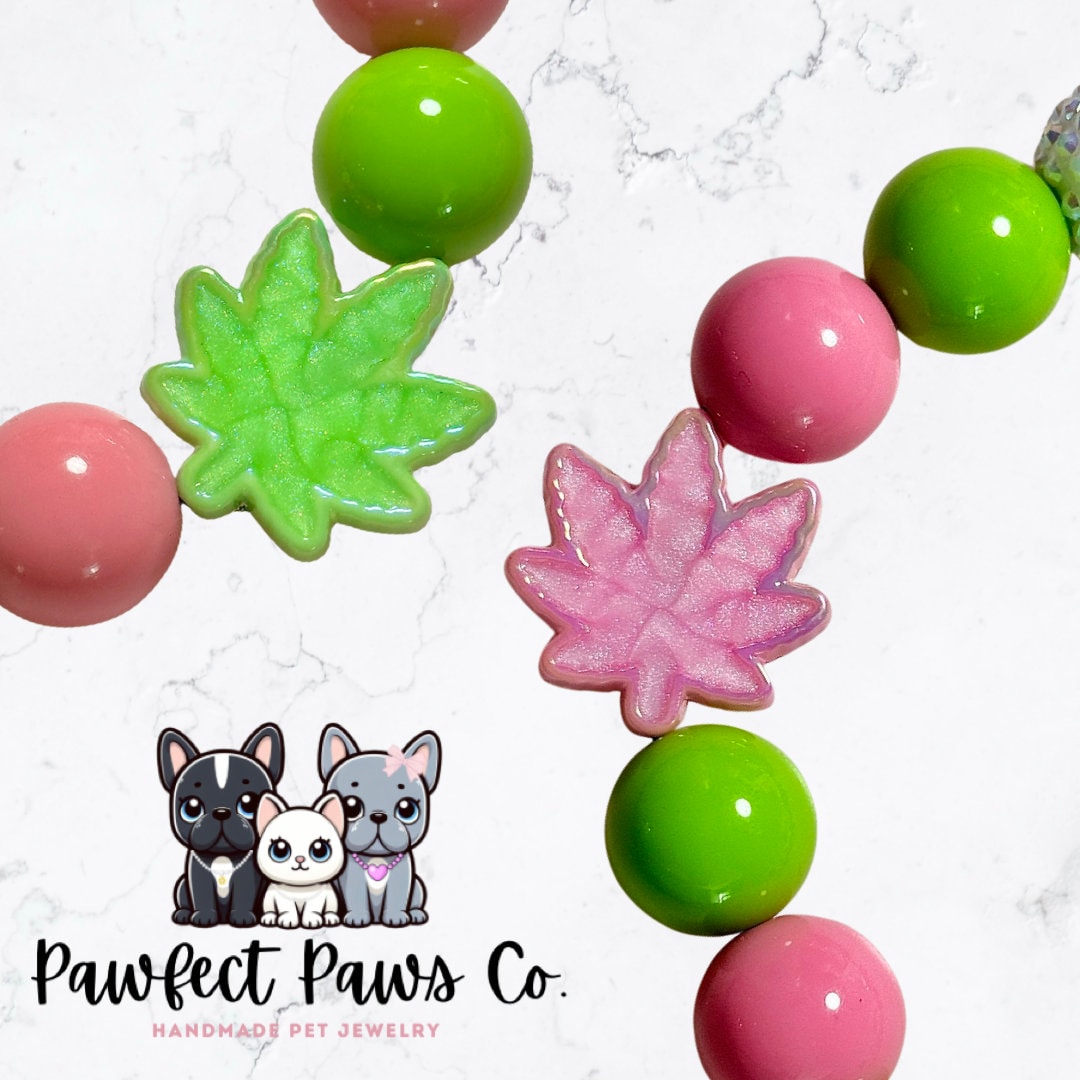 Peace and Paws* Pink & Green Sparkly Leaves 420 Earth Day Custom Beaded Dog/Cat Collar Necklace!