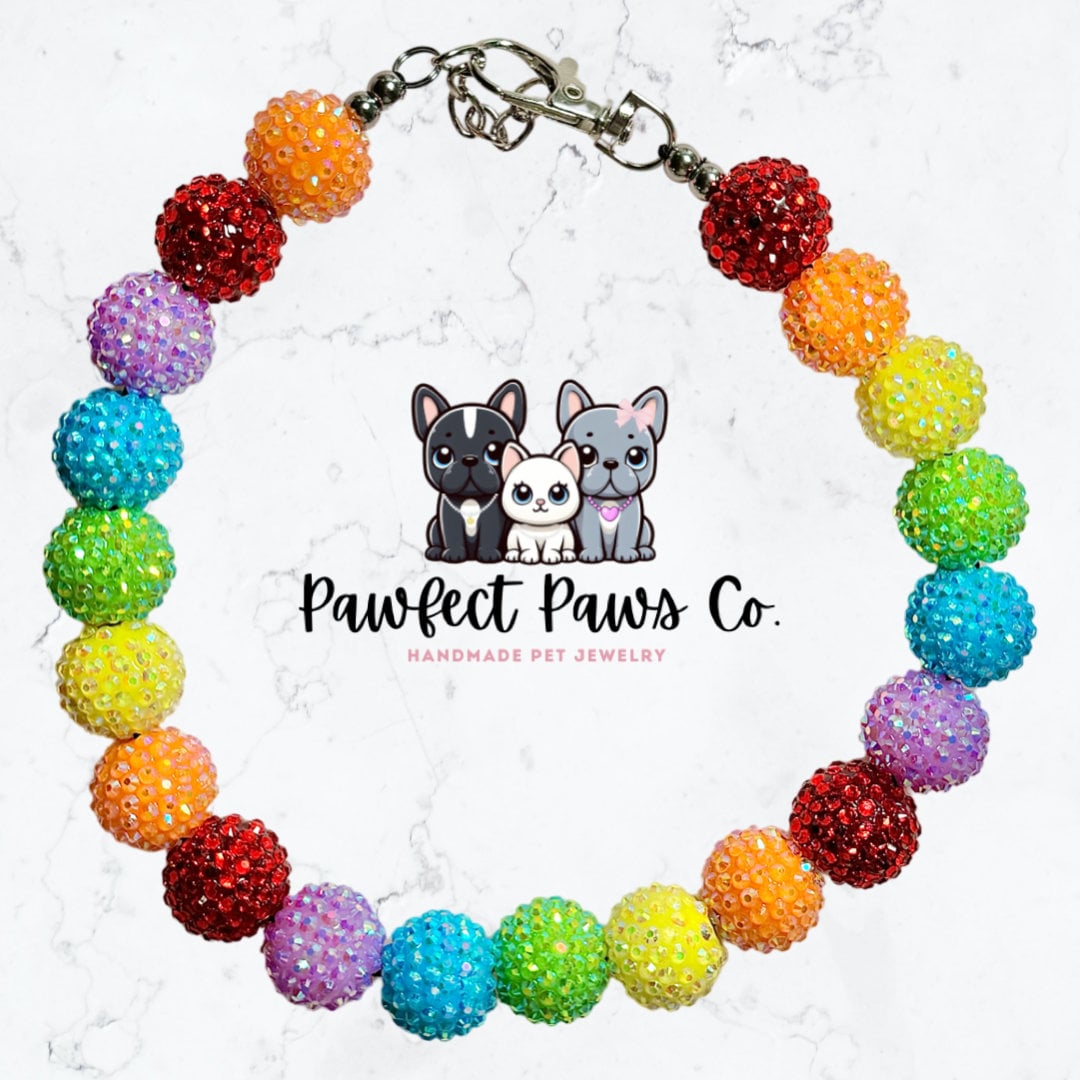 Rainbow Daze* Red, Orange, Yellow, Green, Blue & Purple Sparkle Custom Beaded Dog/Cat Collar Necklace!