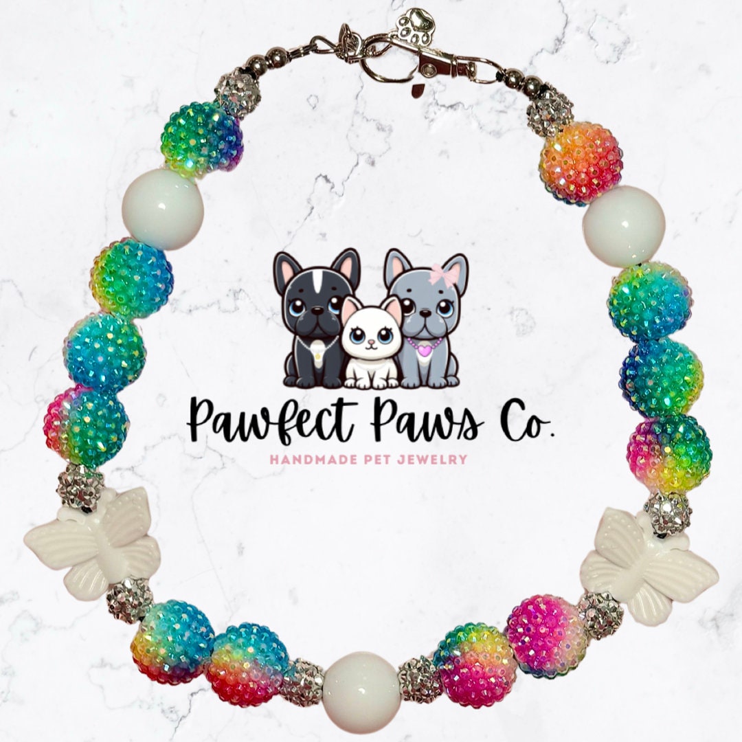 Rainbows and Butterflies* Rainbow & Silver Sparkle Springtime Custom Beaded Dog/Cat Collar Necklace!